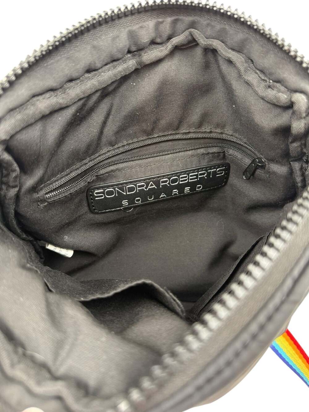 Sondra Roberts Squared Black Quilted Puffer Crossbody Bag with Rainbow Strap - Picture 5 of 8